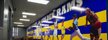 golden rams wall in health and wellness center hallway