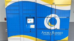 Self-service food pantry lockers featuring a blue and yellow design with the college logo.