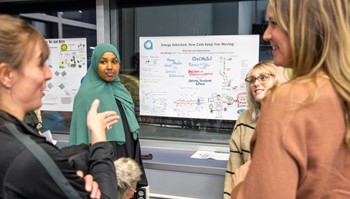 Four individuals are engaged in a discussion in front of a whiteboard covered with scientific diagrams 