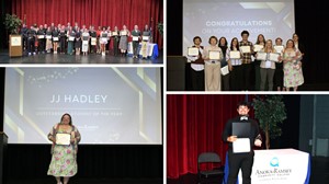Collage of four photos from an academic awards ceremony showing groups and individuals holding certificates on a stage with red curtains and Anoka-Ramsey Community College branding.